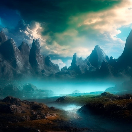 Stunning beautiful mountain scenery with open skies and surroundings. Fantasy and cinematic mountains. High quality illustrationの写真素材