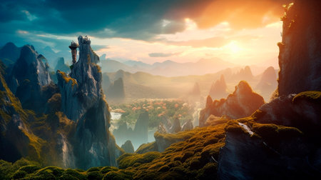 Stunning beautiful mountain scenery with open skies and surroundings. Fantasy and cinematic mountains. High quality illustrationの写真素材