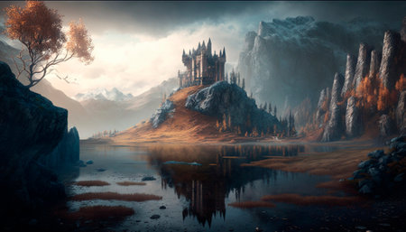 Stunning beautiful mountain scenery with open skies and surroundings. Fantasy and cinematic mountains. High quality illustrationの写真素材