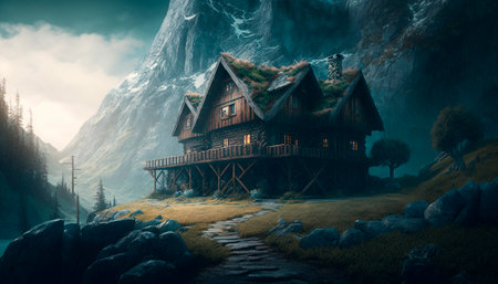 Stunning beautiful mountain scenery with open skies and surroundings. House in the mountains. Fantasy and cinematic mountains. High quality illustrationの写真素材