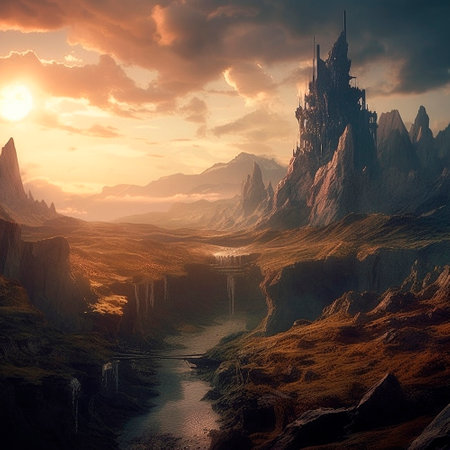 Stunning beautiful mountain scenery with open skies and surroundings. Fantasy and cinematic mountains. High quality illustrationの写真素材