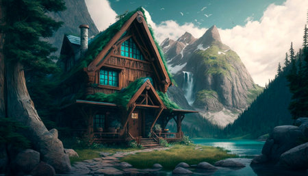 Stunning beautiful mountain scenery with open skies and surroundings. House in the mountains. Fantasy and cinematic mountains. High quality illustrationの写真素材