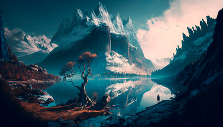 Stunning beautiful mountain scenery with open skies and surroundings. Fantasy and cinematic mountains. High quality illustrationの写真素材
