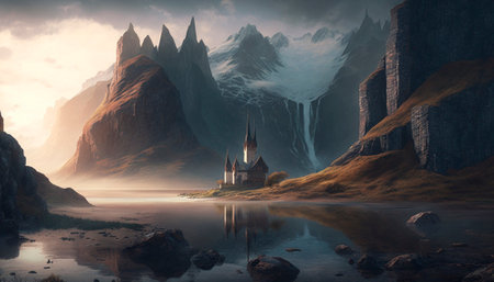 Stunning beautiful mountain scenery with open skies and surroundings. Fantasy and cinematic mountains. high quality illustrationの素材