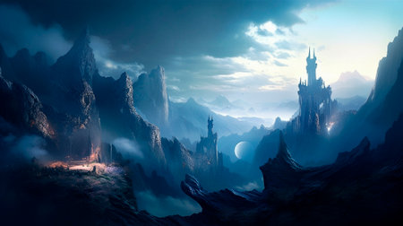 Stunning beautiful mountain scenery with open skies and surroundings. Fantasy and cinematic mountains. high quality illustrationの素材