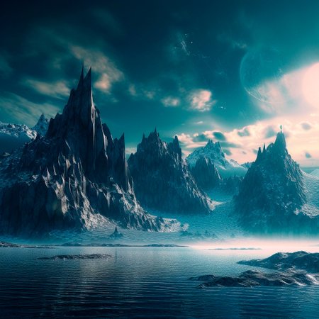 Stunning beautiful mountain scenery with open skies and surroundings. Fantasy and cinematic mountains. high quality illustrationの素材