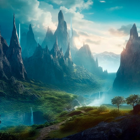 fantasy alien planet. mountain and lake. 3D illustration.の素材