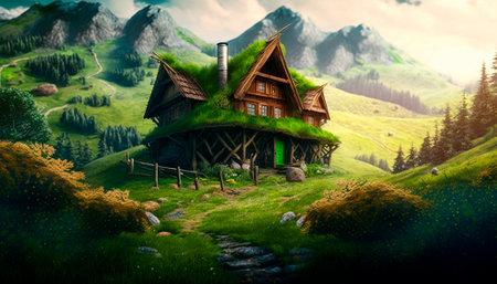 Stunning beautiful mountain scenery with open skies and surroundings. House in the mountains. Fantasy and cinematic mountains. high quality illustrationの素材