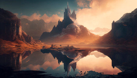 Stunning beautiful mountain scenery with open skies and surroundings. Fantasy and cinematic mountains. high quality illustrationの素材