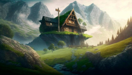 Stunning beautiful mountain scenery with open skies and surroundings. House in the mountains. Fantasy and cinematic mountains. high quality illustrationの素材