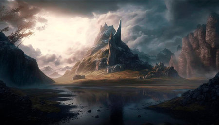 Stunning beautiful mountain scenery with open skies and surroundings. Fantasy and cinematic mountains. high quality illustrationの素材
