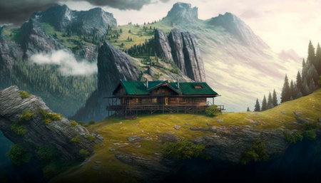 Stunning beautiful mountain scenery with open skies and surroundings. House in the mountains. Fantasy and cinematic mountains. high quality illustrationの素材