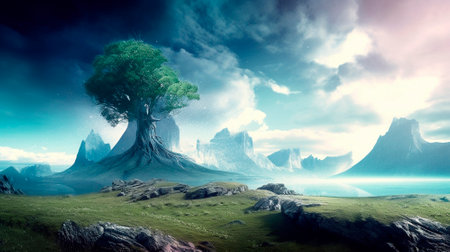Stunning beautiful mountain scenery with open skies and surroundings. Fantasy and cinematic mountains. high quality illustrationの素材