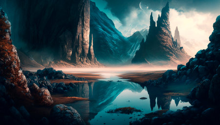 fantasy alien planet. mountain and lake. 3D illustration.の素材
