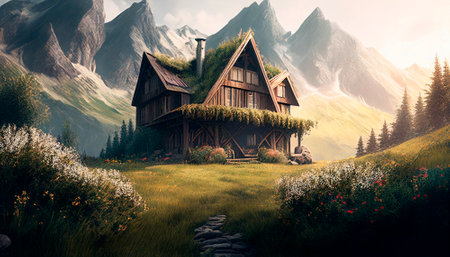 Stunning beautiful mountain scenery with open skies and surroundings. House in the mountains. Fantasy and cinematic mountains. high quality illustrationの素材