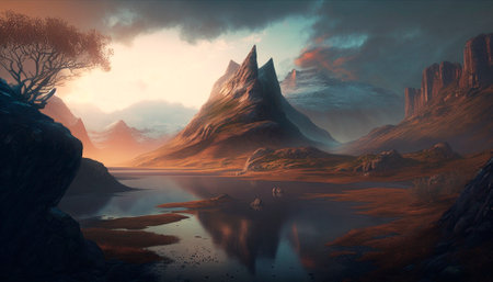 Stunning beautiful mountain scenery with open skies and surroundings. Fantasy and cinematic mountains. high quality illustrationの素材