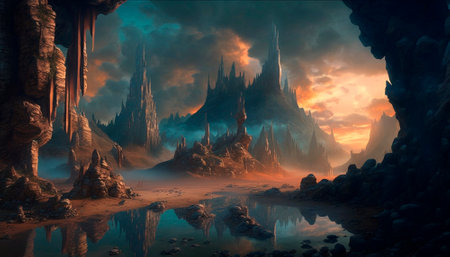 Stunning beautiful mountain scenery with open skies and surroundings. Fantasy and cinematic mountains. high quality illustrationの素材