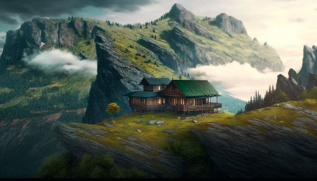 Stunning beautiful mountain scenery with open skies and surroundings. House in the mountains. Fantasy and cinematic mountains. high quality illustrationの素材