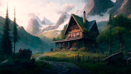 Wooden cottage in the mountains at sunrise. beautiful summer landscape.の素材