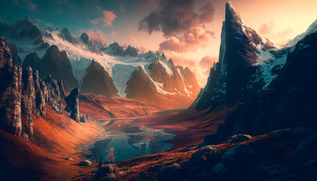 fantasy alien planet. mountain and lake. 3D illustration.の素材