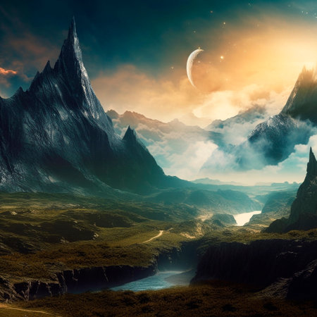 fantasy alien planet. mountain and lake. 3D Renderingの素材