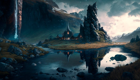 Fantasy landscape with a temple in the middle of a mountain lakeの素材