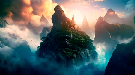 fantasy alien planet. mountain and lake. 3d illustration.の素材