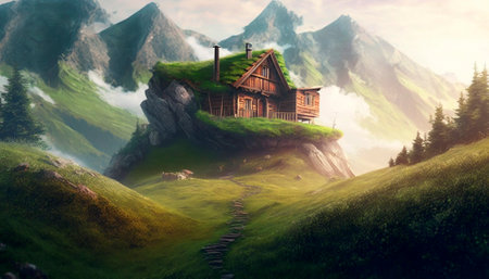 Wooden house on a mountain meadow. 3d illustration.の素材
