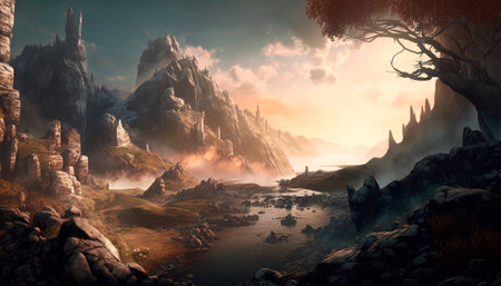 Fantasy landscape with mountains and river. 3d render illustration.の素材