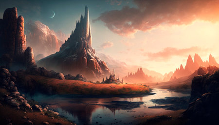 Stunning beautiful mountain scenery with open skies and surroundings. Fantasy and cinematic mountains. high quality illustrationの素材
