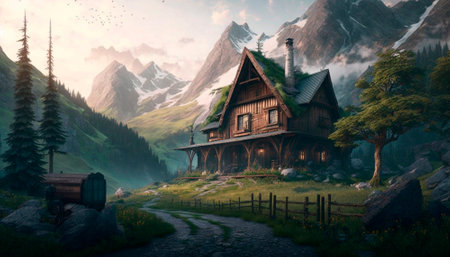 Wooden cottage in the mountains. digital painting. 3d renderingの素材