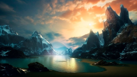 Stunning beautiful mountain scenery with open skies and surroundings. Fantasy and cinematic mountains. high quality illustrationの素材