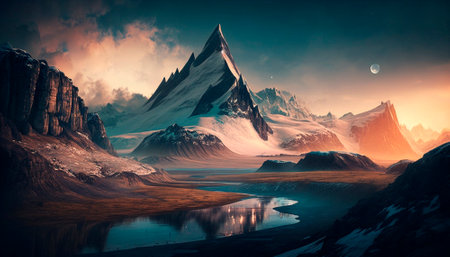 Stunning beautiful mountain scenery with open skies and surroundings. Fantasy and cinematic mountains. high quality illustrationの素材