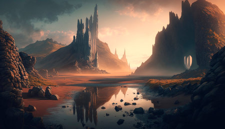 Stunning beautiful mountain scenery with open skies and surroundings. Fantasy and cinematic mountains. high quality illustrationの素材