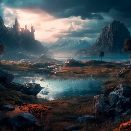 Stunning beautiful mountain scenery with open skies and surroundings. Fantasy and cinematic mountains. high quality illustrationの素材