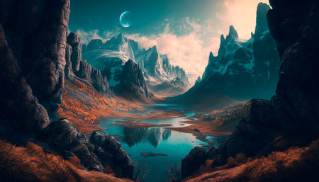 Stunning beautiful mountain scenery with open skies and surroundings. Fantasy and cinematic mountains. high quality illustrationの素材