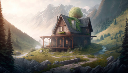 Stunning beautiful mountain scenery with open skies and surroundings. House in the mountains. Fantasy and cinematic mountains. high quality illustrationの素材