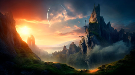Stunning beautiful mountain scenery with open skies and surroundings. Fantasy and cinematic mountains. high quality illustrationの素材