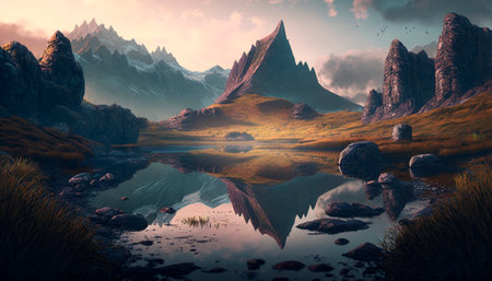 Stunning beautiful mountain scenery with open skies and surroundings. Fantasy and cinematic mountains. high quality illustrationの素材