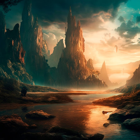 Stunning beautiful mountain scenery with open skies and surroundings. Fantasy and cinematic mountains. high quality illustrationの素材
