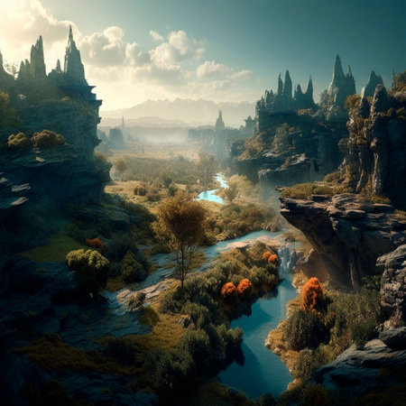 Stunning beautiful mountain scenery with open skies and surroundings. Fantasy and cinematic mountains. high quality illustrationの素材