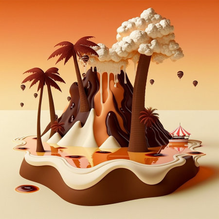 3D illustration of a desert with a volcano and palm trees.の素材
