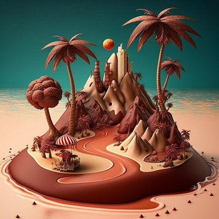Fantasy island with sand and palm trees. 3D illustration.の素材