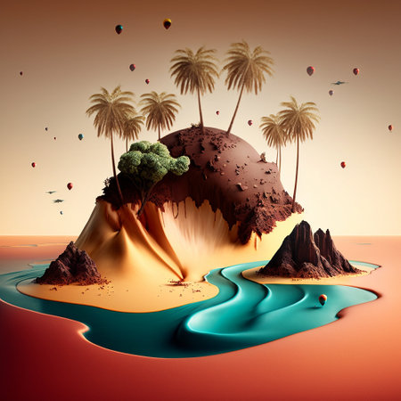 Tropical island with palm trees and sand, 3D renderの素材