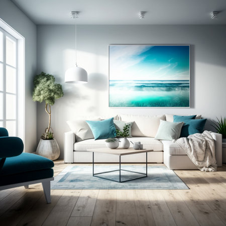 modern bright interiors apartment living room 3D rendering illustration computer generated imageの素材