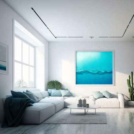 White living room interior with a white sofa, a coffee table and a poster on the wall. 3d rendering mock upの素材
