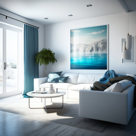 Modern white bedroom interior design with blue curtains, sofa and coffee table. 3d renderingの素材