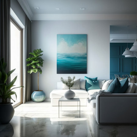 Modern living room interior design with white sofa, coffee table and blue wall. 3d renderingの素材
