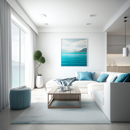 White living room interior with a white sofa, a coffee table and a poster. 3d rendering mock upの素材
