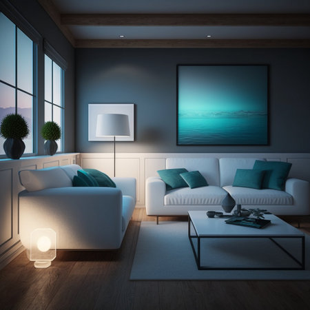 Interior of modern living room with sea view, 3d renderの素材